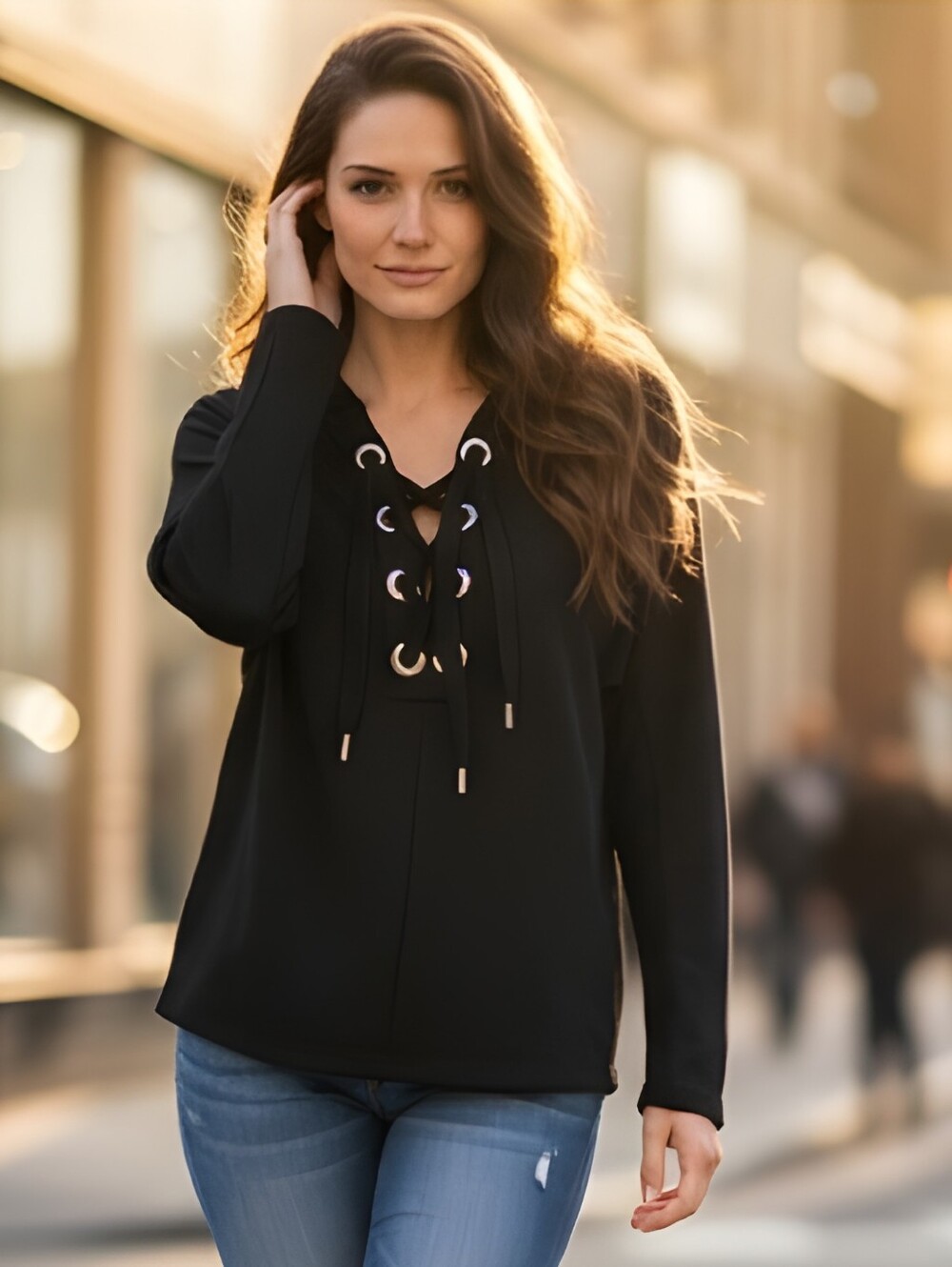 Wila Lace Up Hoodie Jacket Black Size Medium